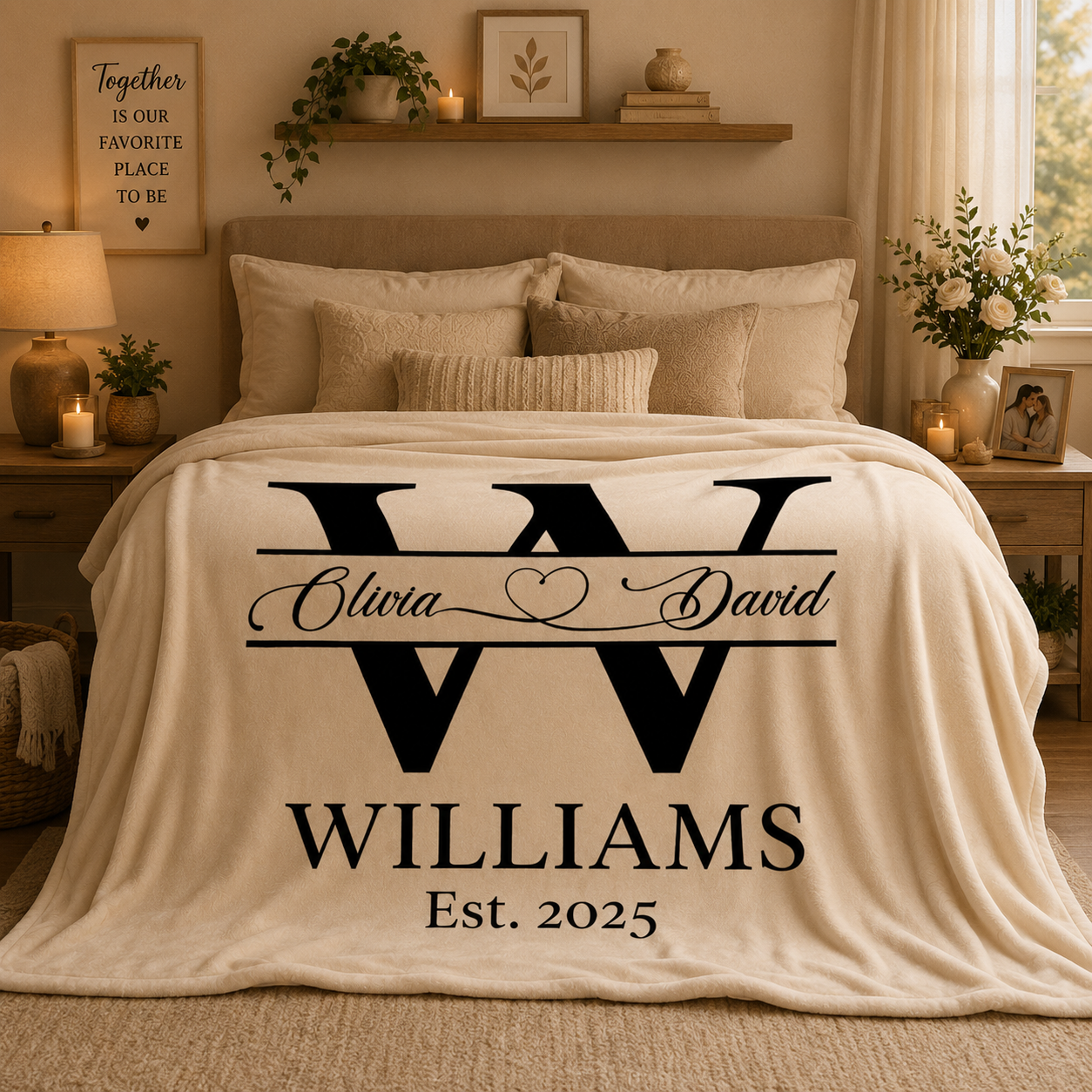 Personalized couples and family blankets with custom names, photos, and keepsake designs by Jeminise
