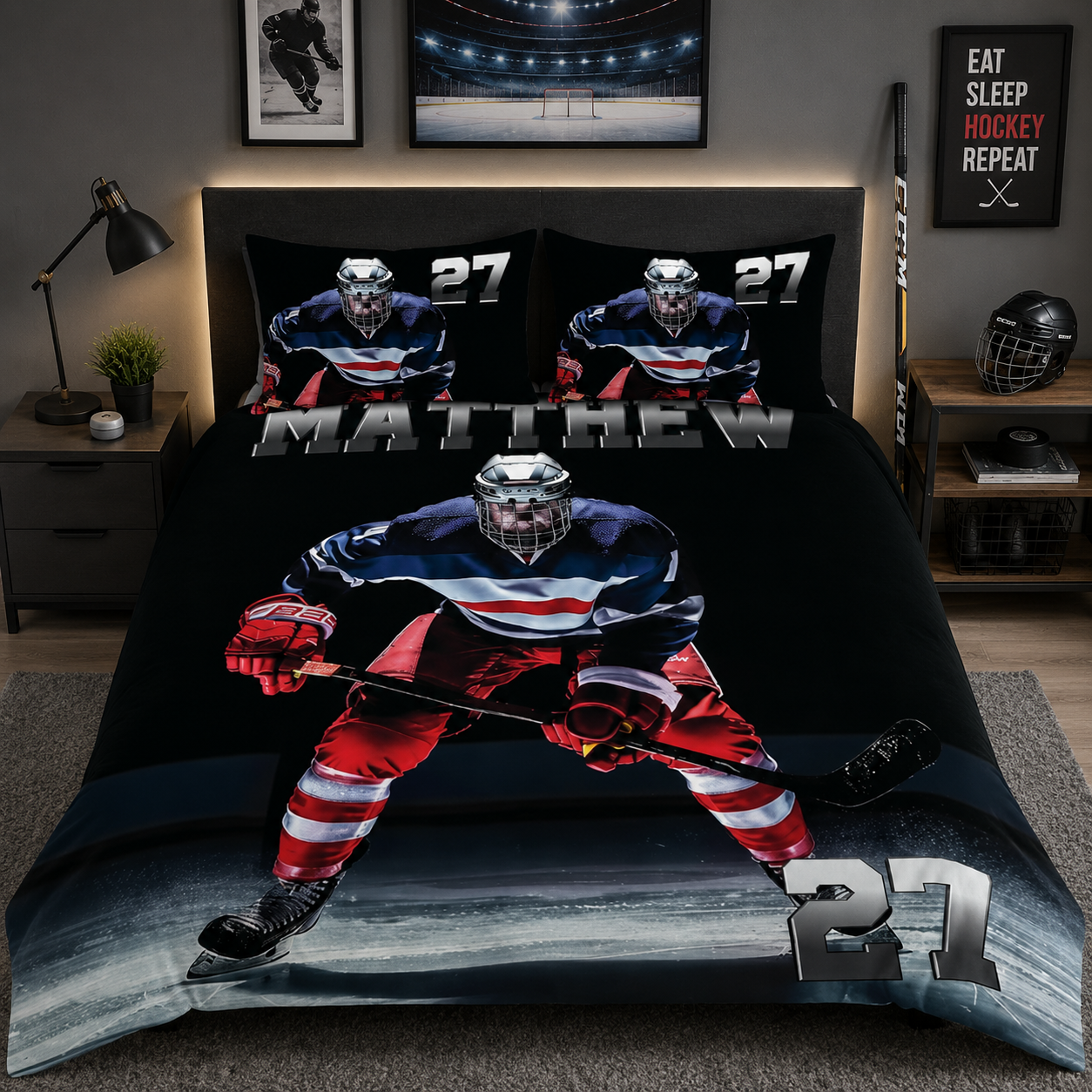 Personalized hockey blankets, quilts, comforters, and custom bedding gifts by Jeminise