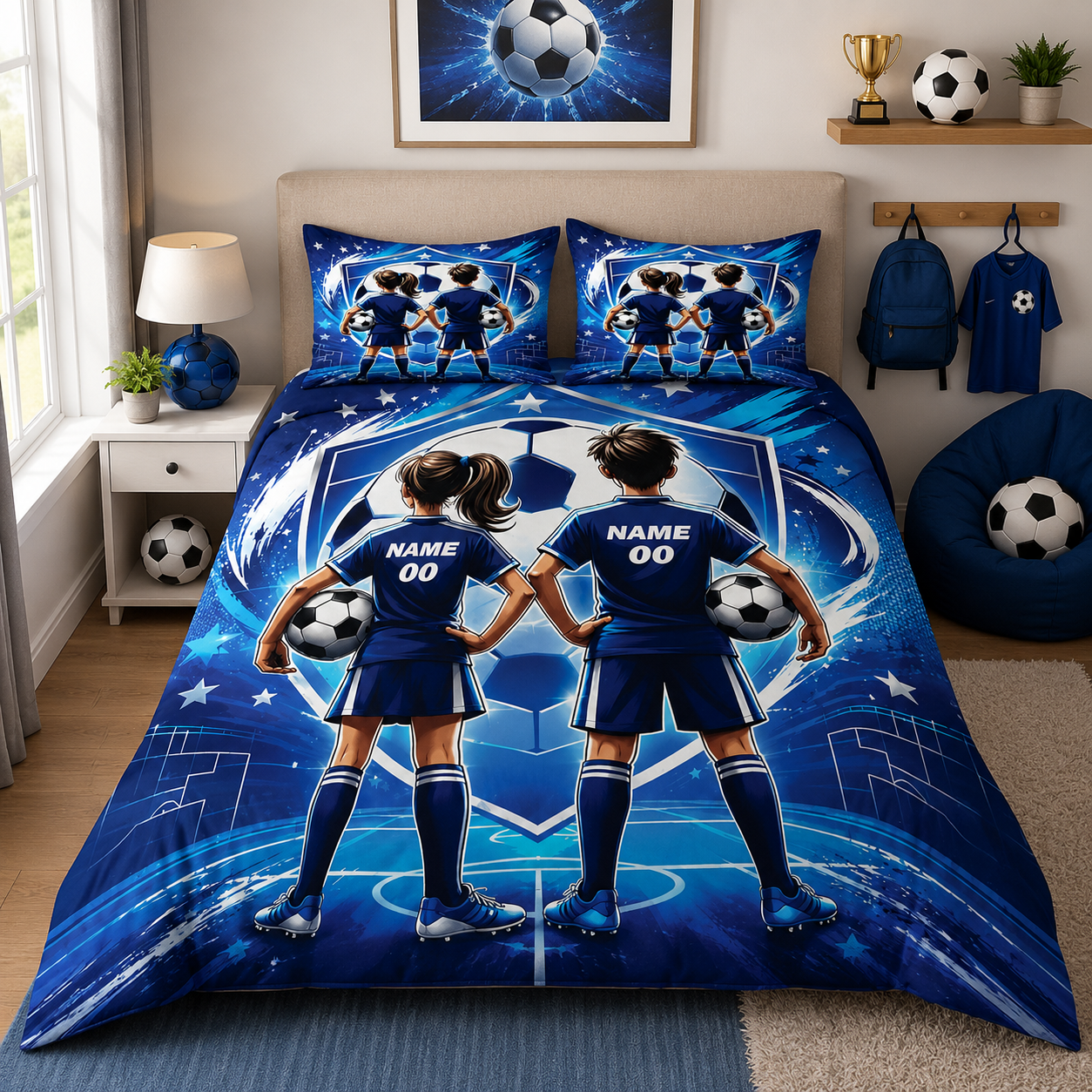 Personalized soccer blankets, quilts, comforters, and custom bedding gifts by Jeminise