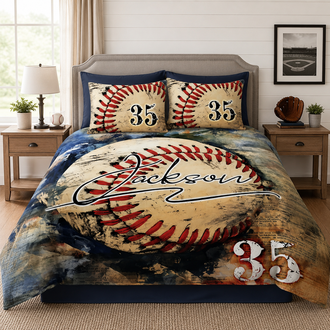 Personalized baseball blankets, quilts, comforters, and custom bedding gifts by Jeminise