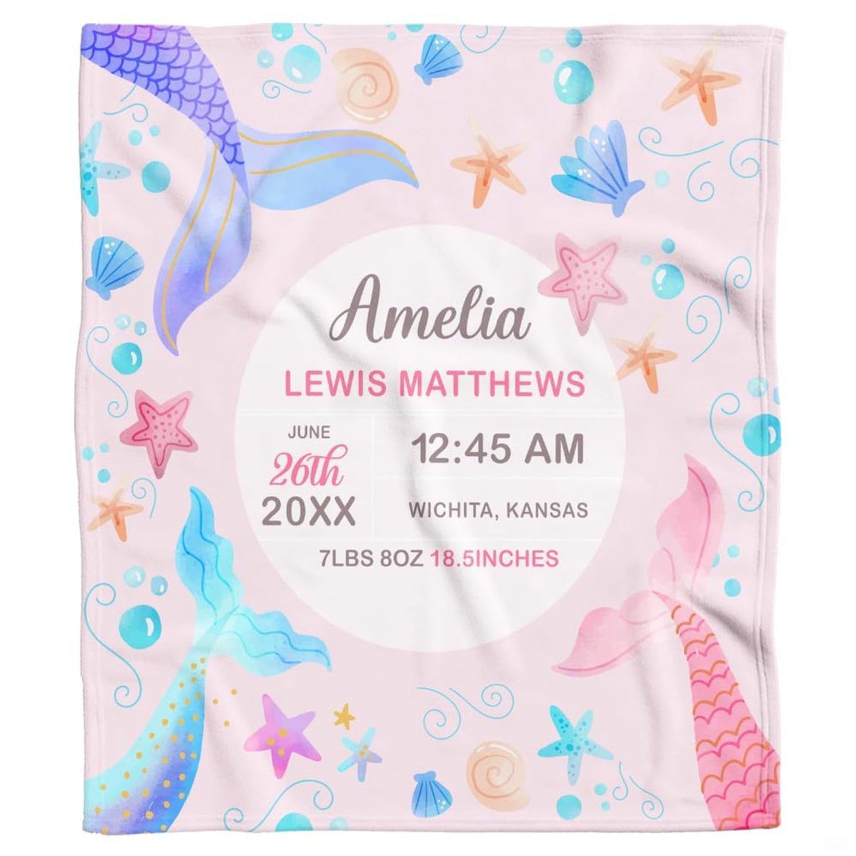 Pastel watercolor mermaid tails nursery blanket front display