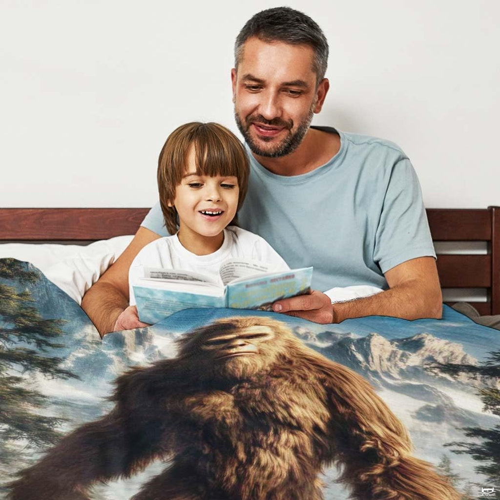 Rustic woodland bedding showing Sasquatch in an alpine forest setting with earthy hues.