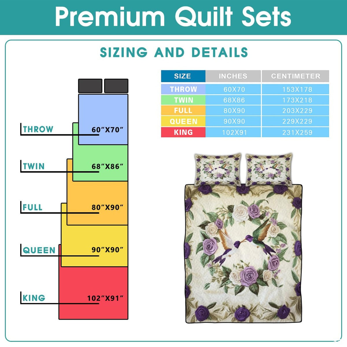 Hummingbird rose bedding sizing infographic