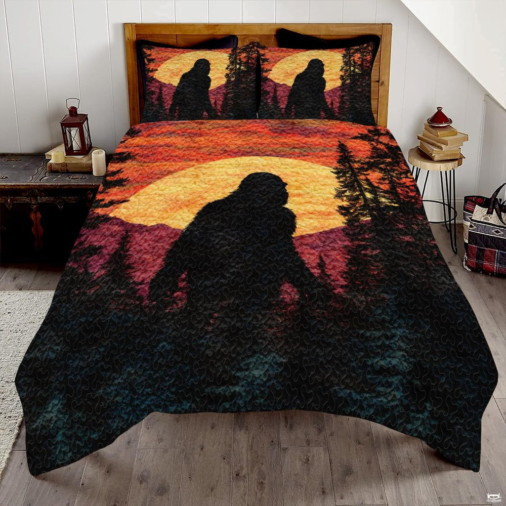 Crimson sunset Bigfoot Sasquatch woodland bedding set displayed on a bed in a rustic mountain lodge