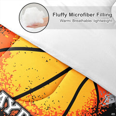 Side angle view of golden basketball bedding styled with athletic hoop decor and modern sport room accents