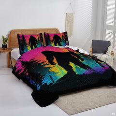 Overhead perspective of Bigfoot bedding arranged neatly across a lodge mattress