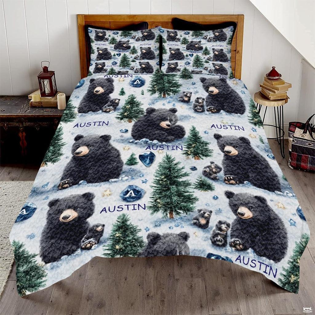 Rustic bear family forest animals bedding set displayed on a bed in a rustic cabin bedroom