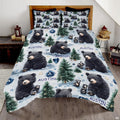 Rustic bear family forest animals bedding set displayed on a bed in a rustic cabin bedroom
