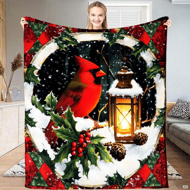 Winter cardinal perched beside glowing lantern with holly wreath and diamond pattern border bedding set.
