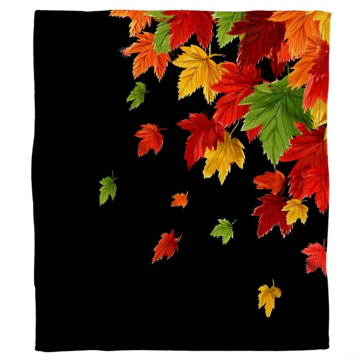 Cascading autumn leaves on black throw blanket held open by woman