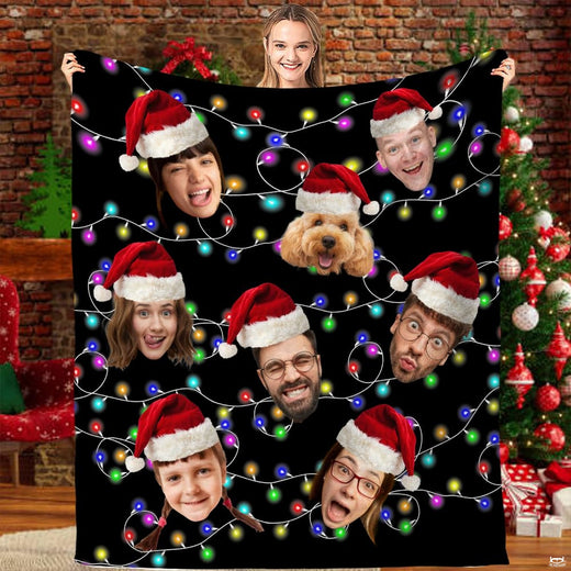 Christmas family and dog photo collage with Santa hats and colorful string lights