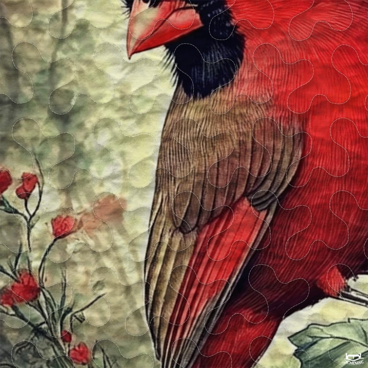 Floral Nature Cardinal Within Ornate Oval Frame Patchwork Winter Quilt