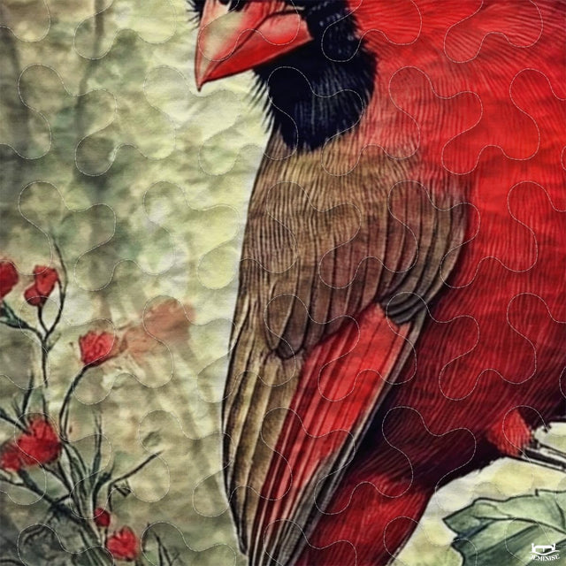 Floral Nature Cardinal Within Ornate Oval Frame Patchwork Winter Quilt