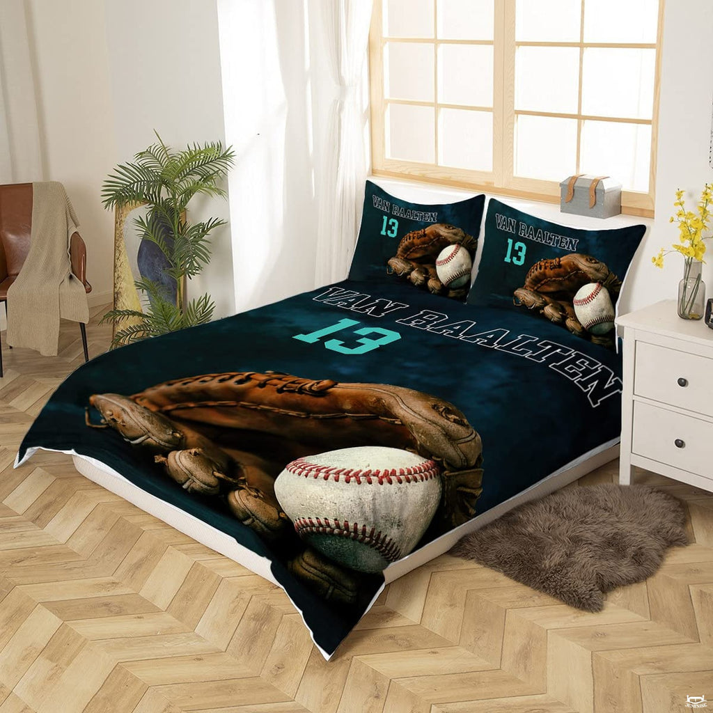 Matching pillowcase detail for athletic bedding set featuring coordinating teal baseball graphics