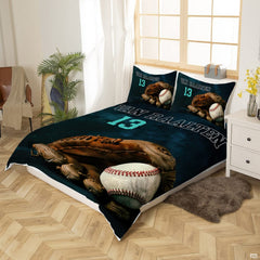 Matching pillowcase detail for athletic bedding set featuring coordinating teal baseball graphics