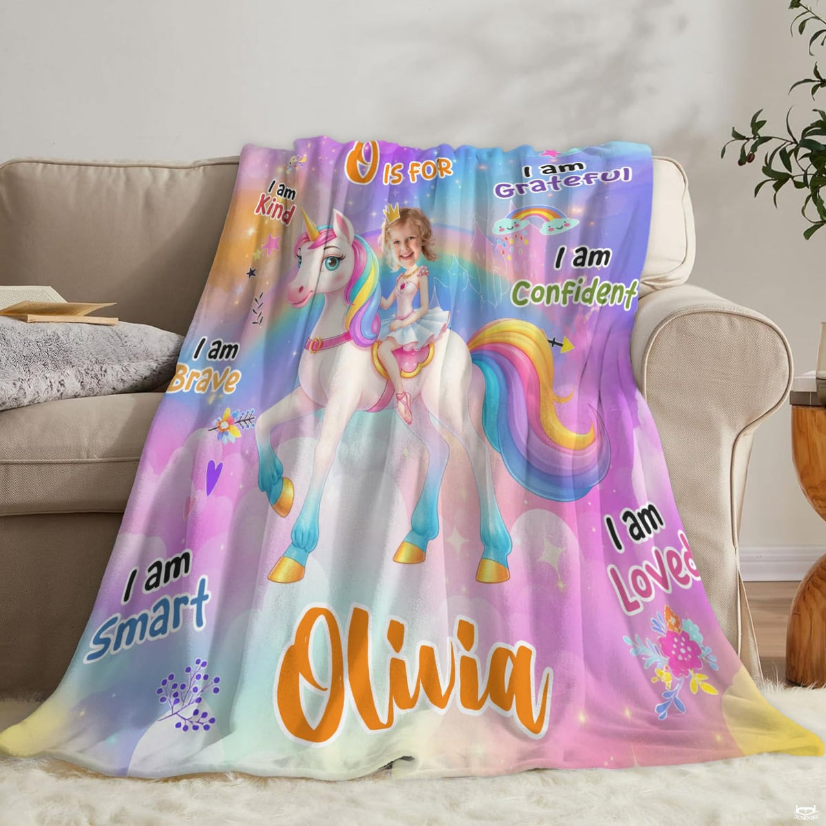 Rainbow unicorn fairytale blanket draped over domestic armchair