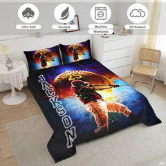 Close-up perspective of sports bedding detailing baseball batter swing, bat follow-through, and lightning bolts