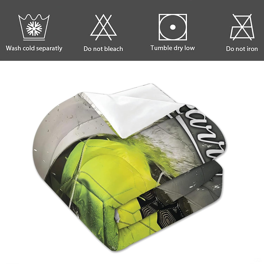 Angled perspective of neon yellow soccer bedding displaying athletic script typography