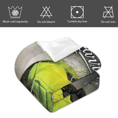 Angled perspective of neon yellow soccer bedding displaying athletic script typography
