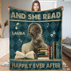 Personalized Teal Argyle Reading Girl with Books Throw Blanket - Book