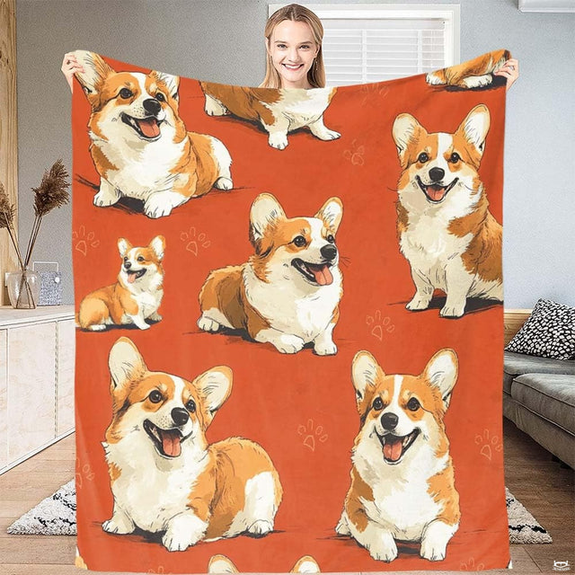 Dog pattern bedding set featuring smiling Welsh Corgis and paw prints on a terracotta background.