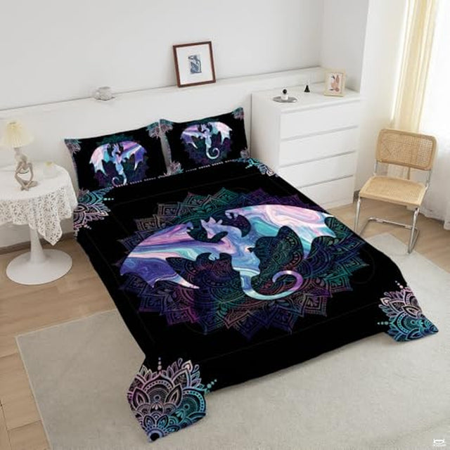 Angled bedroom view highlighting fluid art dragon bedding with matching printed pillow shams.