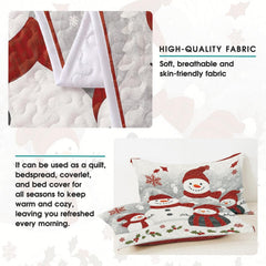 Festive bedroom styling of holiday bedding set arranged on a wooden bed frame with winter room decor.