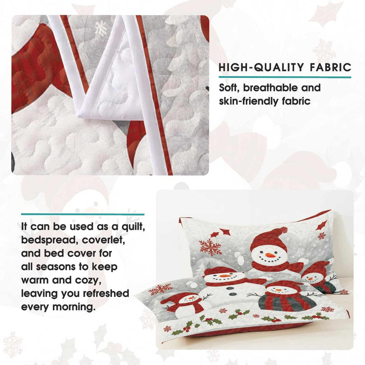 Festive bedroom styling of holiday bedding set arranged on a wooden bed frame with winter room decor.