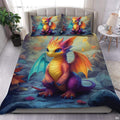Rainbow baby dragon bedding in a bright bedroom