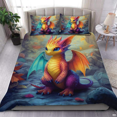 Rainbow baby dragon bedding in a bright bedroom
