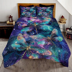 Galaxy dragonfly bedding in a bright bedroom