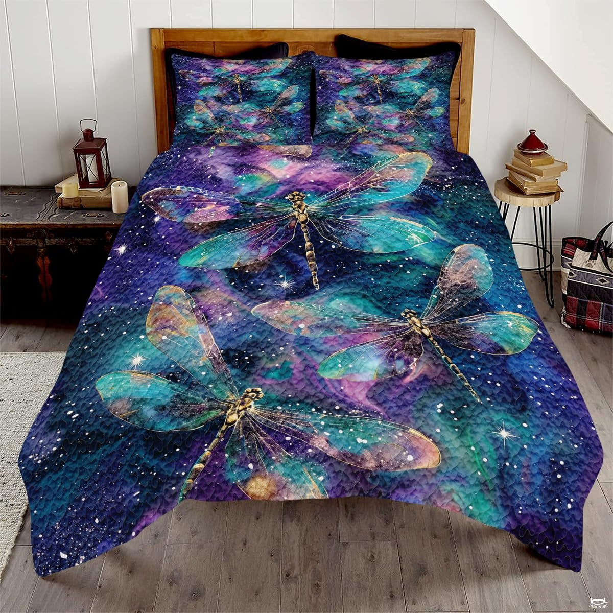 Galaxy dragonfly bedding in a bright bedroom