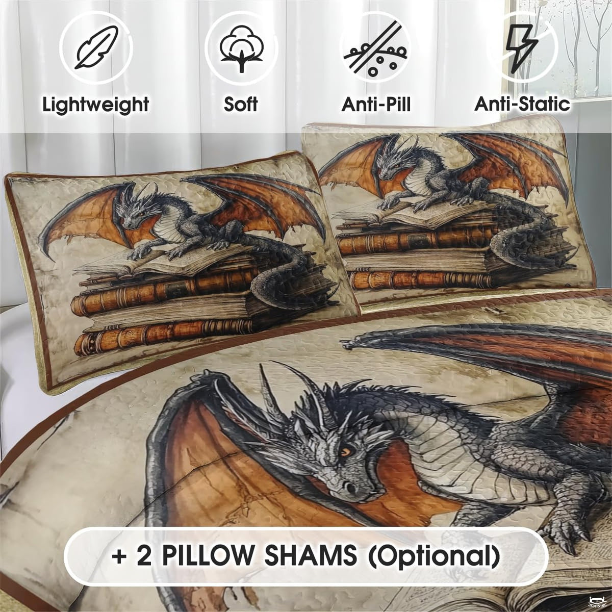 Close view of gray dragon with orange wings and open book