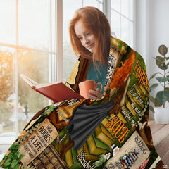 Whimsical book lover ascending staircase of books into enchanted forest library, view 2.