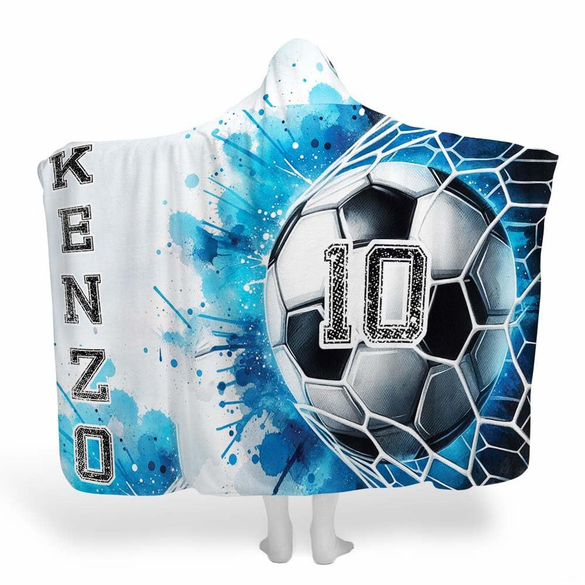 Blue watercolor soccer goal net sports blanket showing athletic design view 1