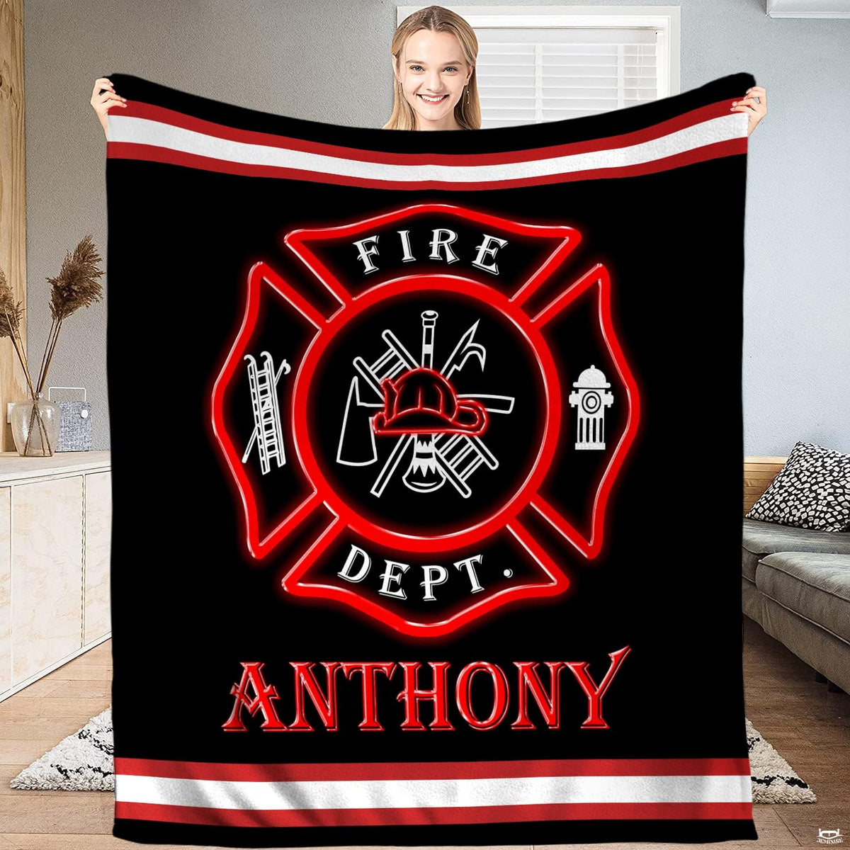 Firefighter Maltese cross emblem throw blanket featuring glowing red rescue badge and athletic stripes on black