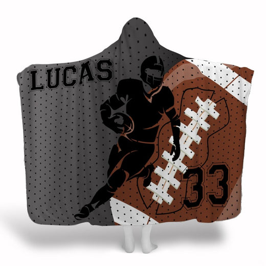 Football player running back silhouette with angled football emblem and jersey mesh, view 1.