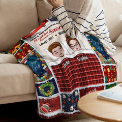 Christmas holiday couple throw blanket view 4 highlighting cartoon couple, holiday patches, and red plaid accents