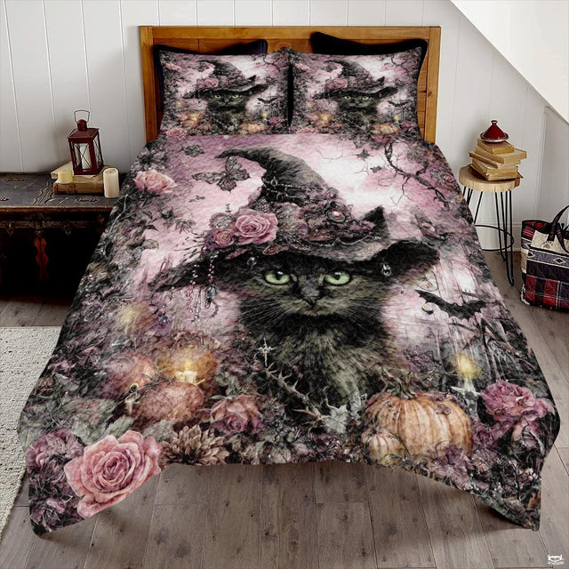 Black cat witch bedding displayed in a bright bedroom