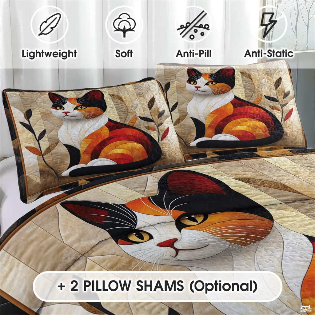 Cat Quilt Set - Cat Patchwork Style Printed Bedding, Animal Patchwork Bedset, Farmhouse Blanket with Pillowcases, Premium Quilt Pattern Bedding Set, Twin Full Queen Size