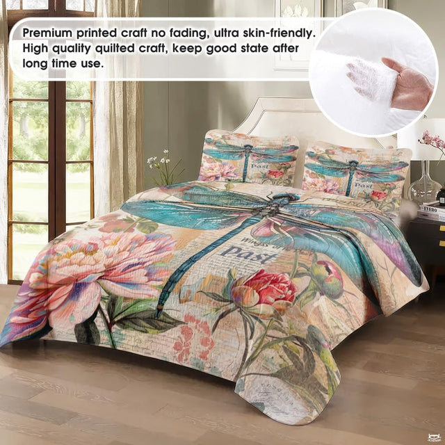 Vintage dragonfly bedding in a softly lit bedroom