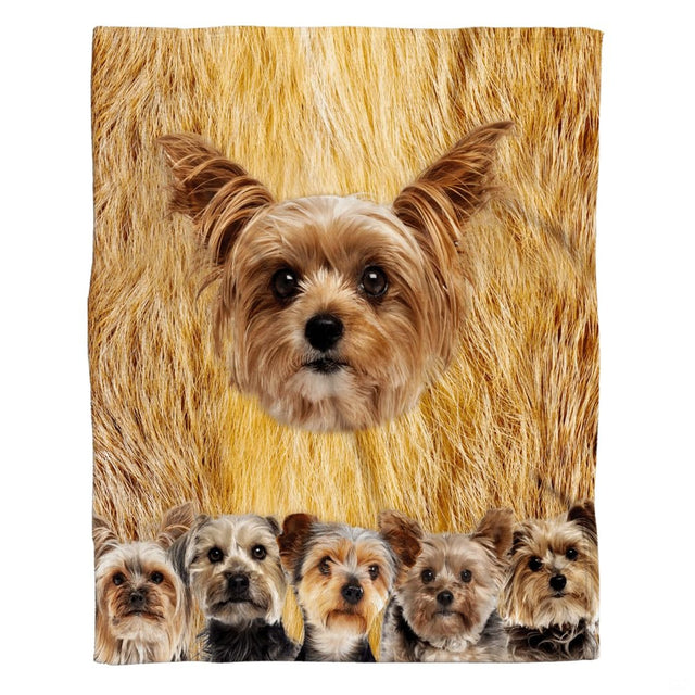 Yorkshire terrier bedding set displaying detailed canine face artwork on golden tan background.