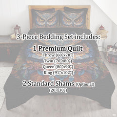 Full bedroom display of silver owl bedding styled with dark wood furniture and nocturnal accents