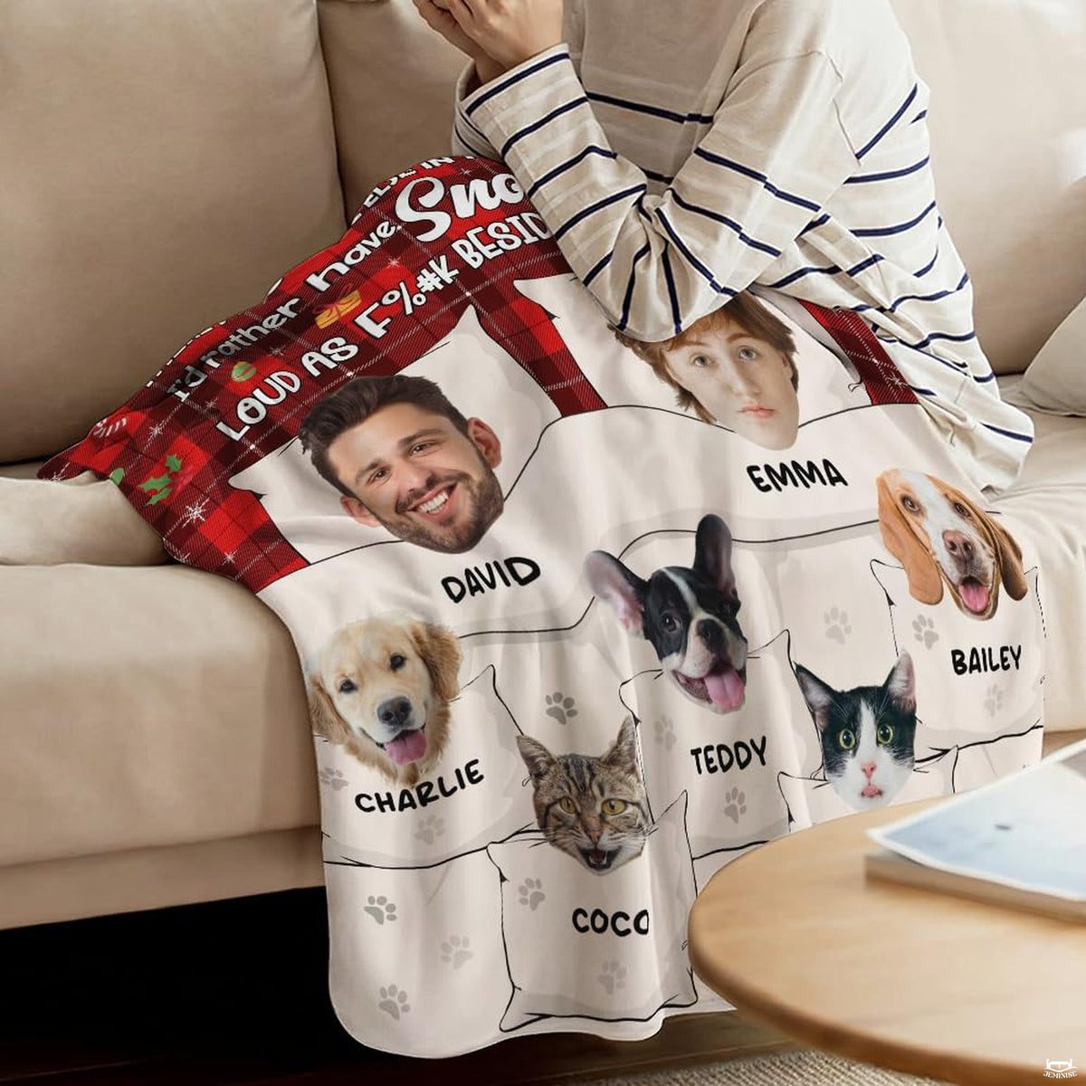 Christmas pet family throw blanket view 4 highlighting couple and pet portraits, bedtime pillows, and red plaid