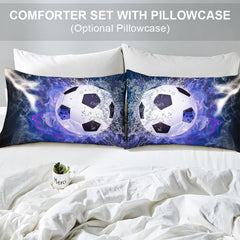 Matching pillow sham detail for blue electric lightning soccer bedding set in bright bedroom interior