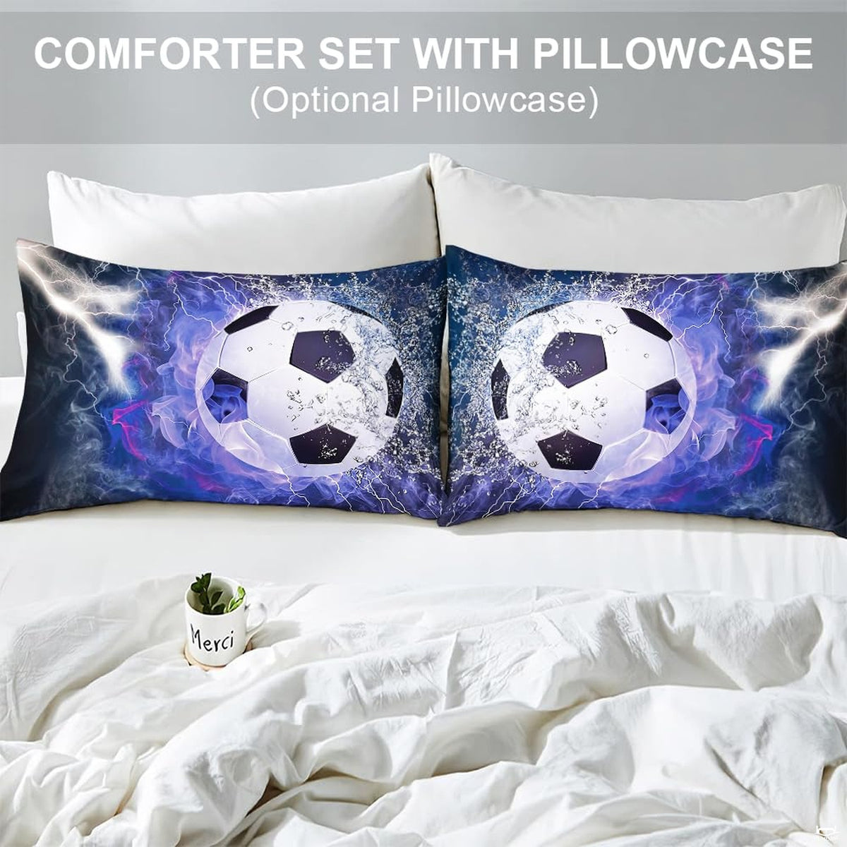 Matching pillow sham detail for blue electric lightning soccer bedding set in bright bedroom interior