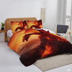 Fantasy Winged Dragon Comforter Set with Volcanic Eruption And Bedroom