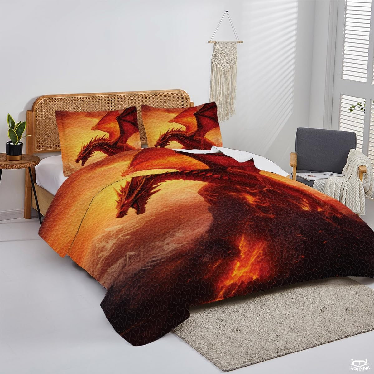 Fantasy Winged Dragon Comforter Set with Volcanic Eruption And Bedroom