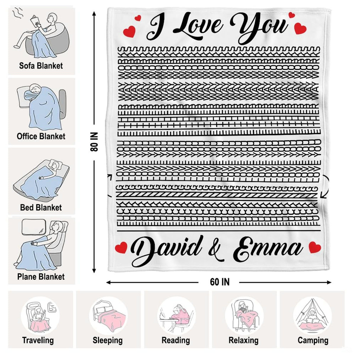 Couple in bedroom relaxing under optical illusion throw blanket displaying black and white line art