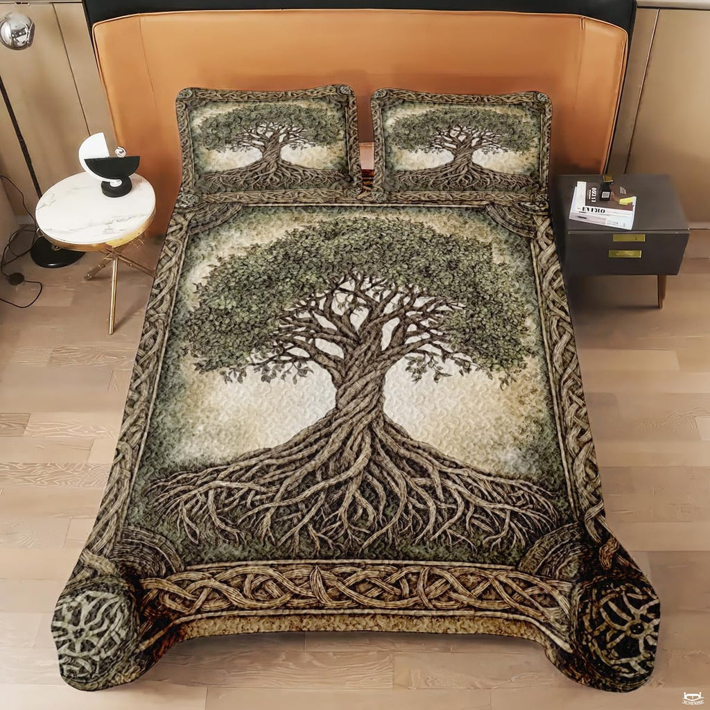 Corner angle of rustic bedding highlighting intricate stone-carved knotwork printing and rich parchment textures